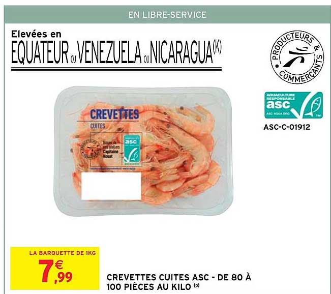 crevettes cuites asc - de 80 à 100 pièces au kilo