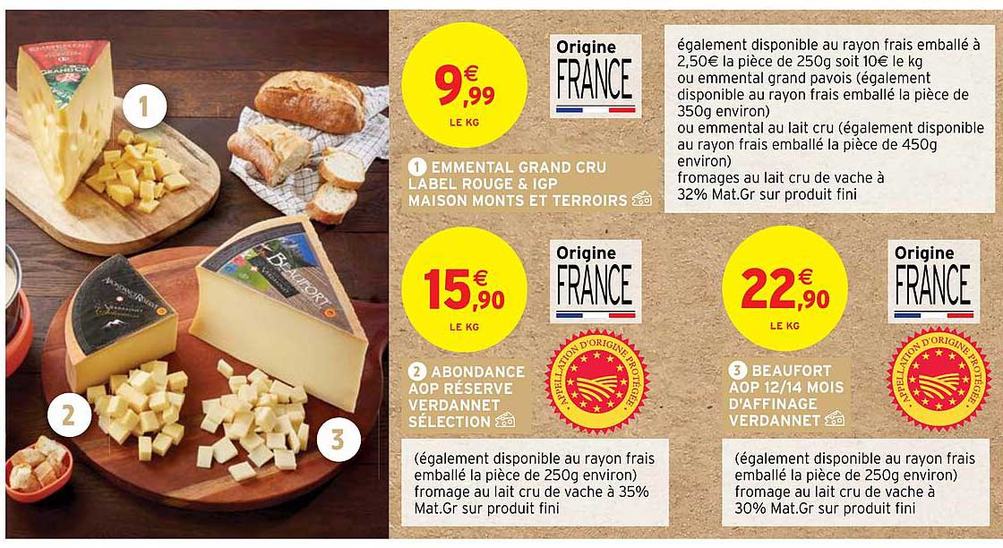 emmental grand cru label rouge & igp maison monts et terroirs, abondance aop réserve verdannet sélection, beaufort aop 12-14 mois d'affinage verdannet