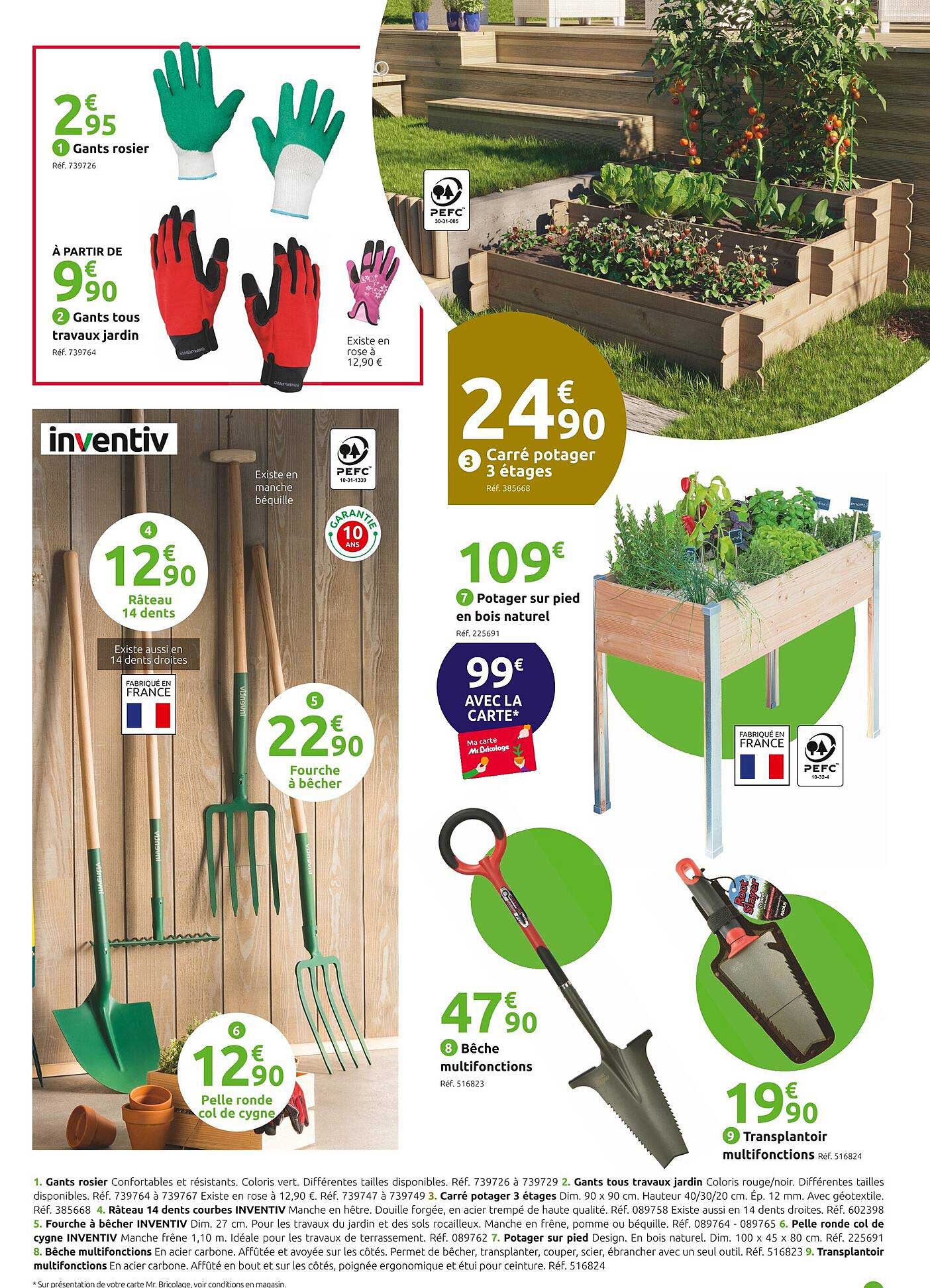 gants rosier, gants tous travaux jardin, carré potager 3 étages, potager sur pied en bois naturel, fourche à bêcher, râteau 14 dents, pelle ronde col cygne, bêche multifonctions, transplantoir