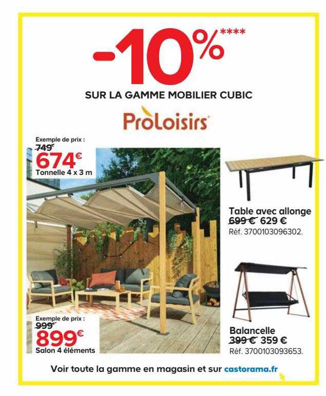 la gamme mobilier cubic : tonnelle 4 x 3 m, salon 4 éléments, table avec allonge, balancelle