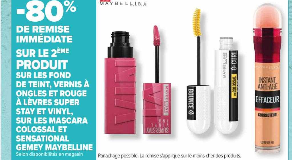 les fond de teint, vernis à ongles et rouge à lèvres super stay et vinyl, les mascara colossal et sensational gemey maybelline