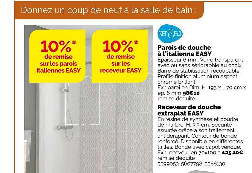 parois de douche à l'italienne easy, receveur de douche extraplat easy