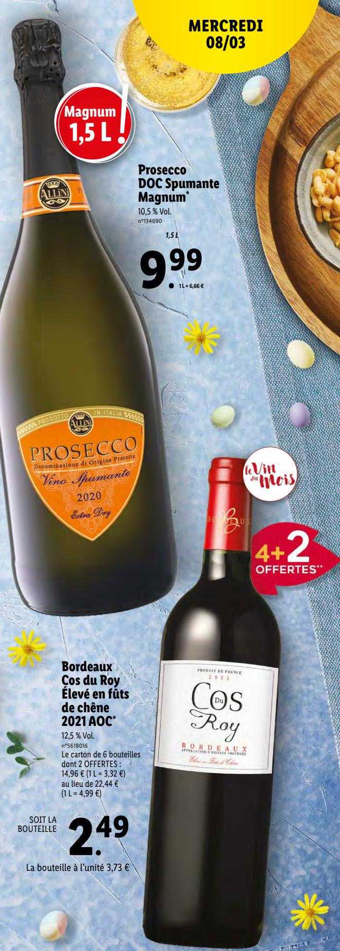 prosecco doc spumante mangum, bordeaux cos du roy élevé en fûts de chêne 2021 aoc