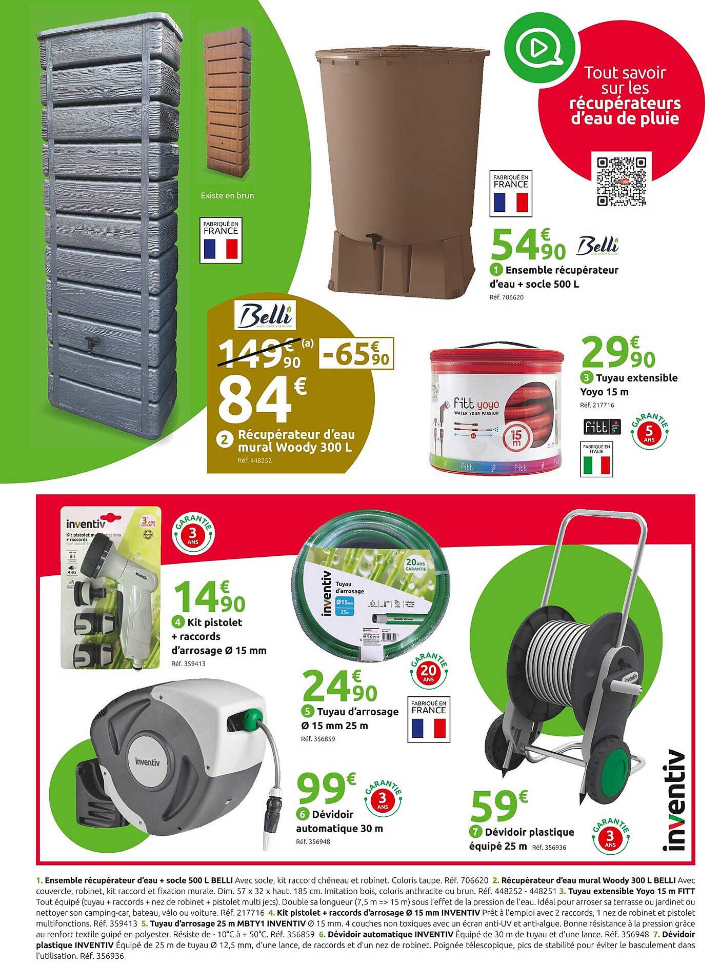 récupérateur d'eau mural woody 300l belli, ensemble récupérateur d'eau + socle 500l belli, tuyau extensible yoyo 15 m fitt, kit pistolet + reccords d'arrosage ø 15 mm inventiv, tuyau d'arrosage ø 15 m