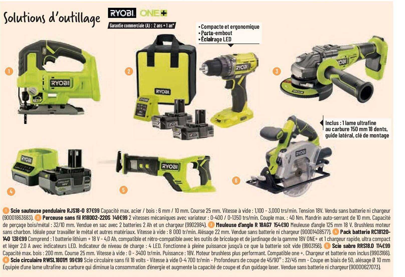 scie sauteuse pendulaire ryobi, perceuse sans fil ryobi, meuleuse d'angle ryobi, pack batterie ryobi, scie sabre ryobi, scie circulaire ryobi