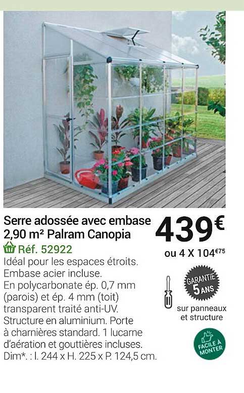 serre adossée avec embase 2,90 m² palram canopia