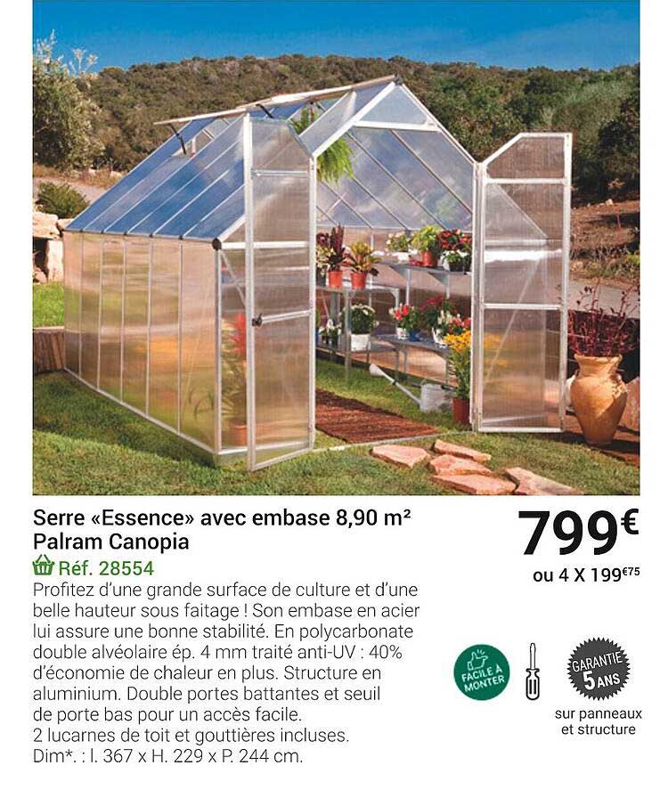 serre «essence» avec embase 8,90 m² palram canopia