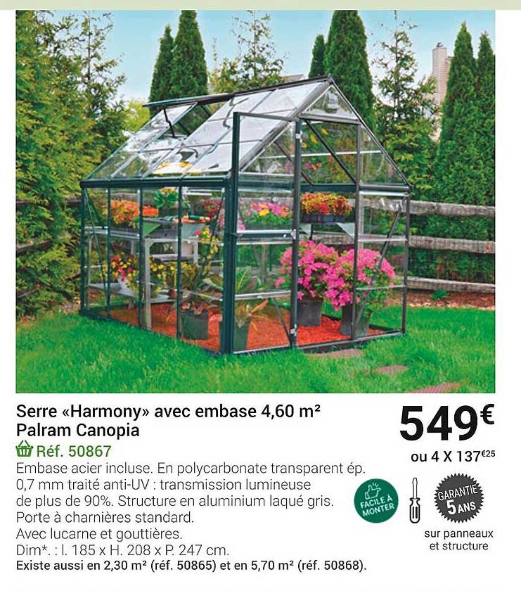 serre «harmony» avec embase 4,60 m² palram canopia