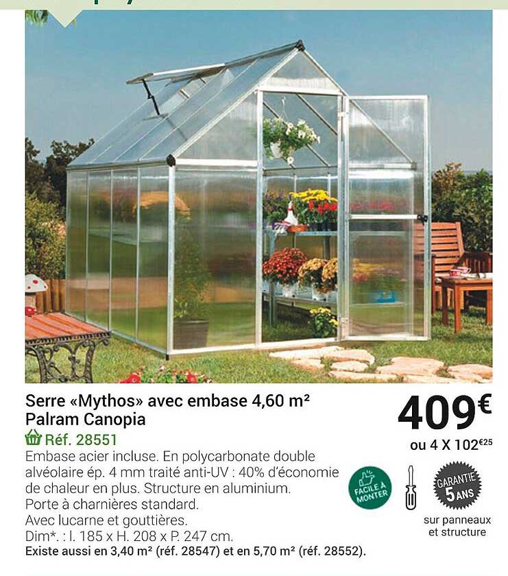 serre «mythos» avec embase 4,60 m² palram canopia