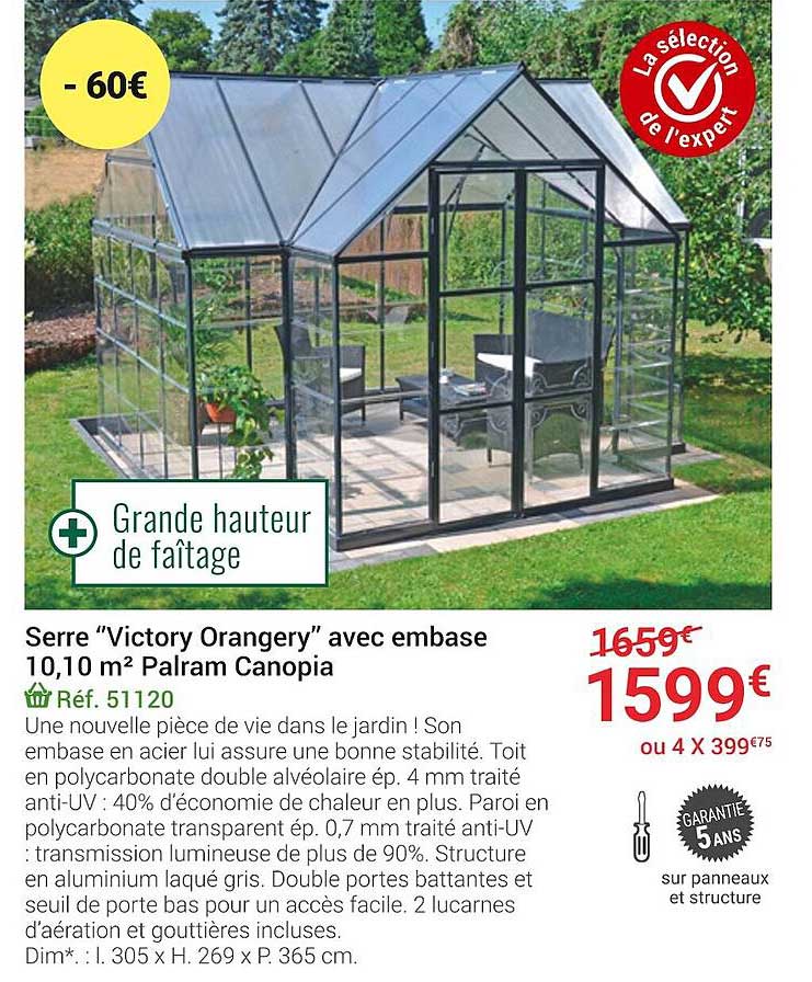 serre «victory orangery» avec embase 10,10 m² palram canopia