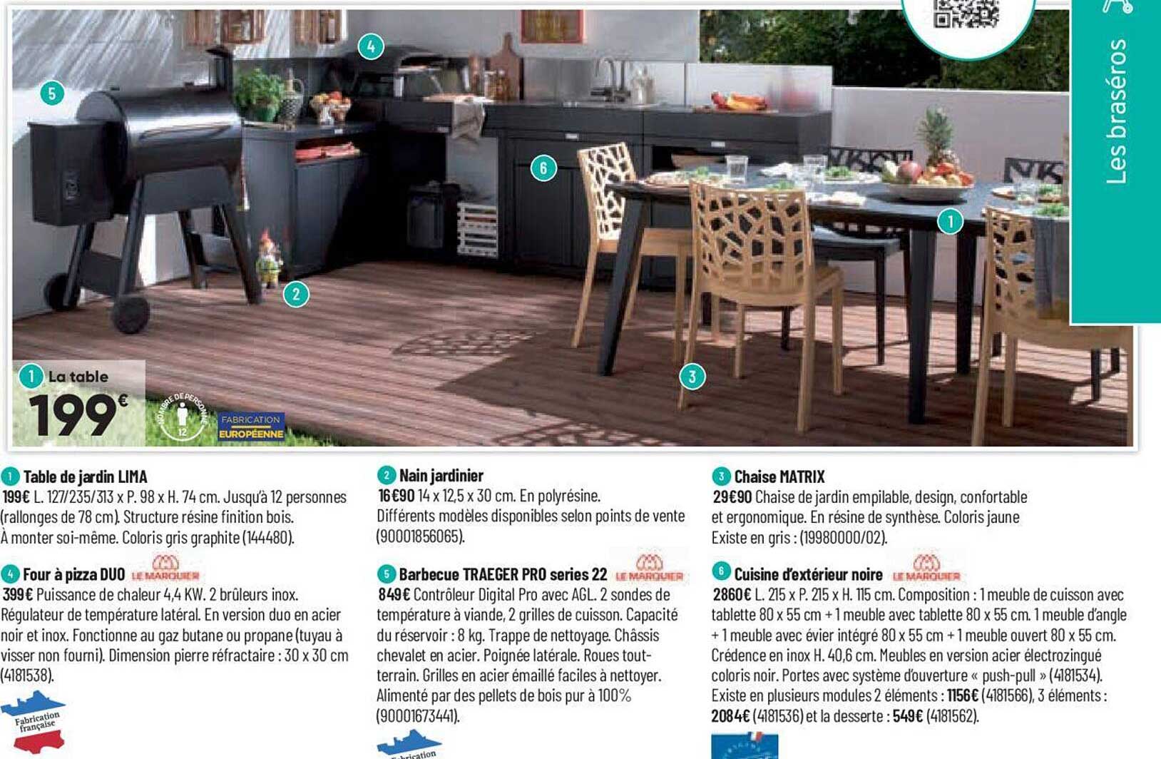 table de jardin lima, four à pizza duo, nain jardinier, barbecue traeger pro séries 22, chaise matrix, cuisine d'extérieur noire