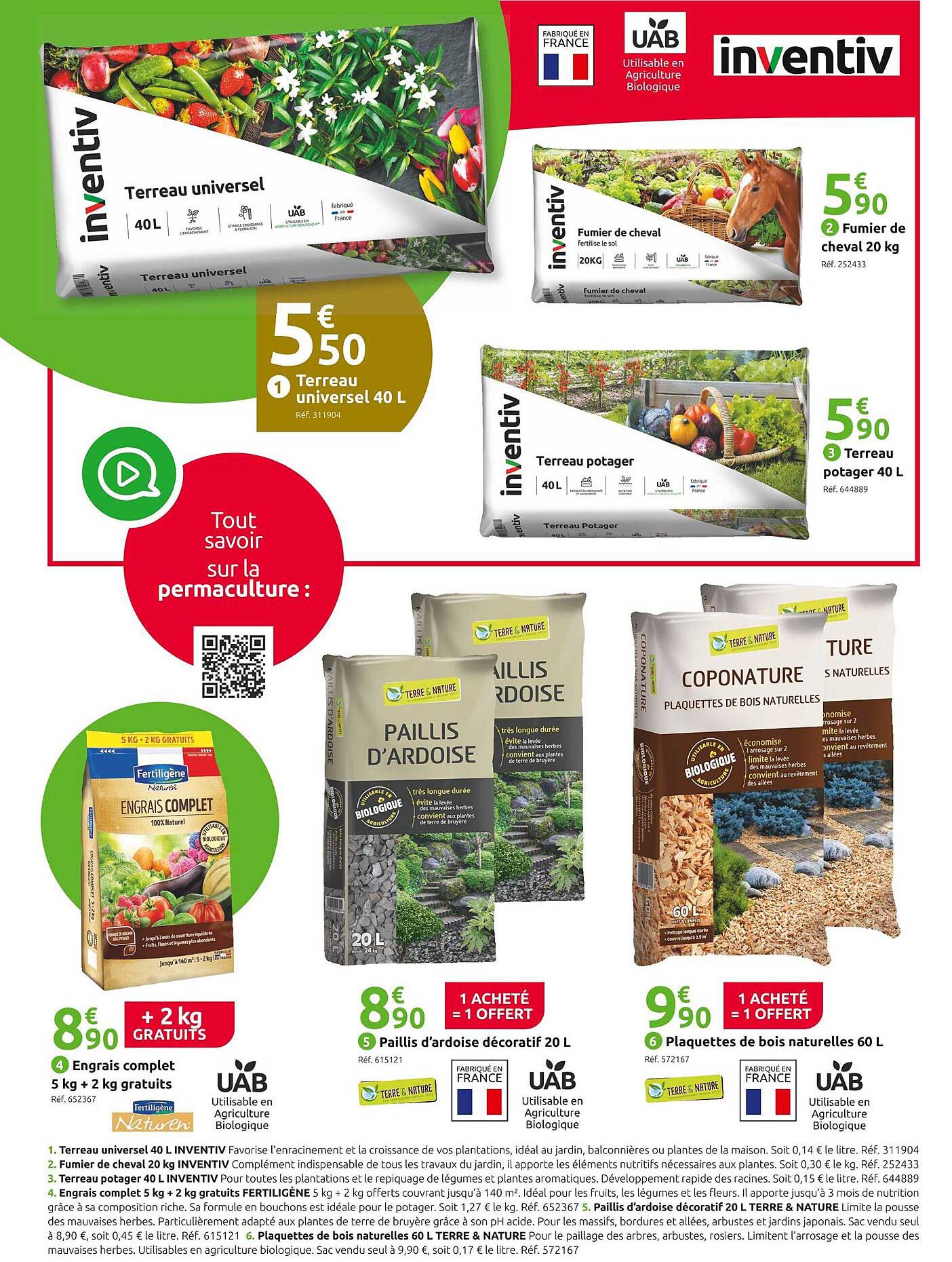 terreau universel 40l inventiv, fumier de cheval 20 kg inventiv, terreau potager 40l inventiv, engrais complets 5 kg + 2 kg gratuits fertiligène, paillis d'ardoise décoratif 20l terre & nature
