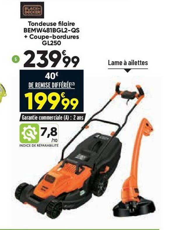 tondeuse filaire bemw481bgl2-qs + coupe-bordures gl250 black + decker