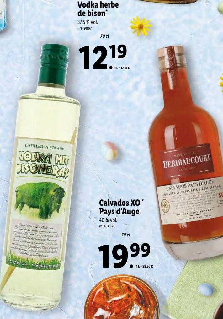 vodka herbe de bison, calvados xo pays d'auge