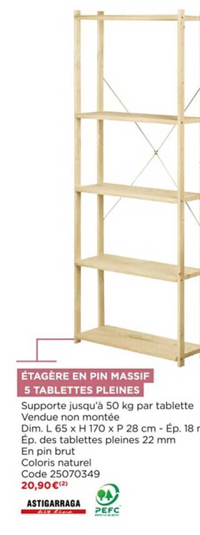 étagère en pin massif 5 tablettes pleines astigarraga