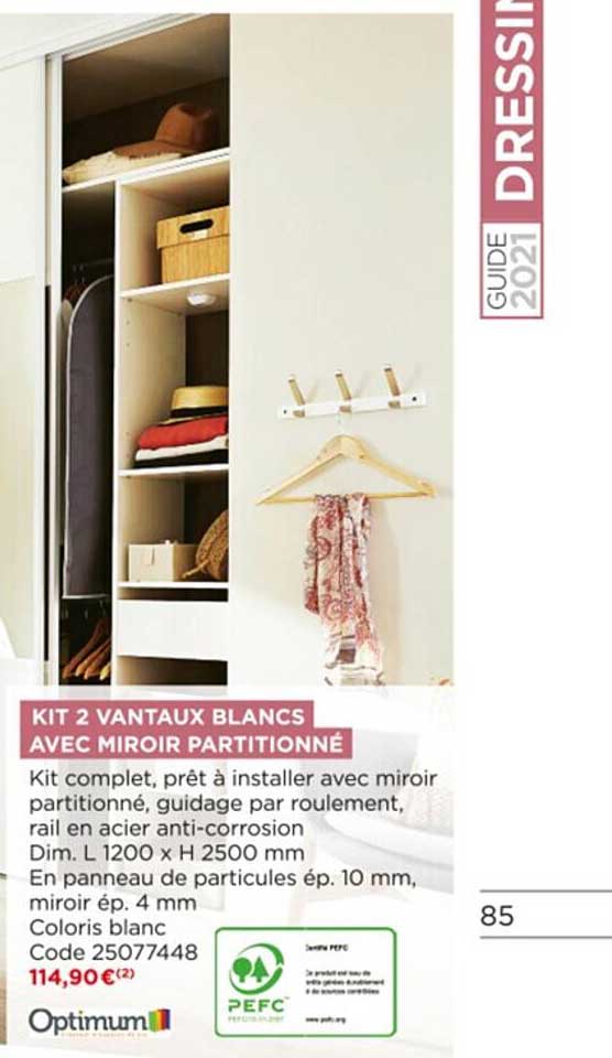 kit 2 vantaux blancs avec miroir partitionné optimum
