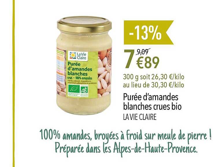 purée d'amandes blanches crues bio la vie claire