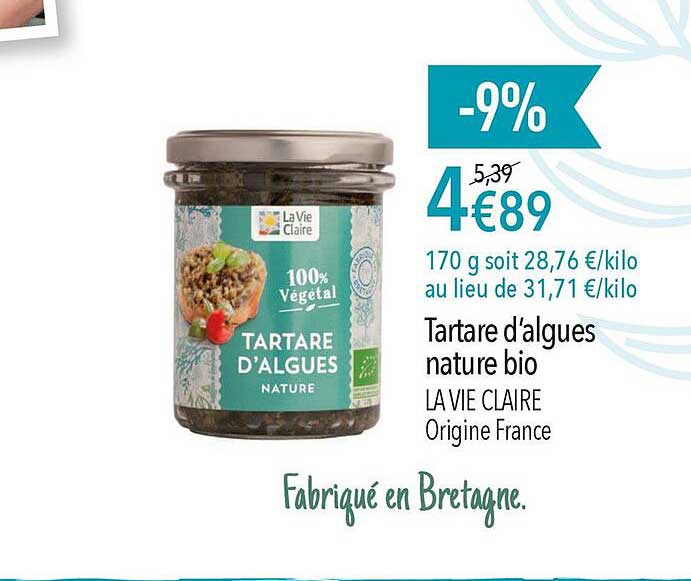 tartare d'algues nature bio la vie claire