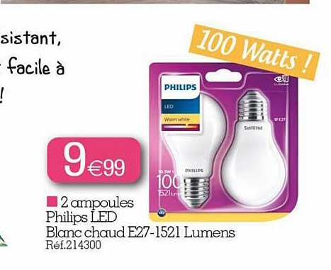 2 Ampoules Philips Led Blanc Chaud E27-1521 Lumens
