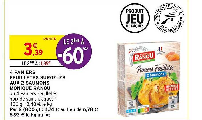 4 paniers feuilletés surgelés aux 2 saumons monique ranou