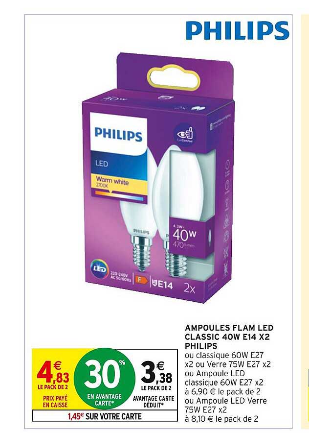 ampoules flam led classic 40w e14 x2 philips