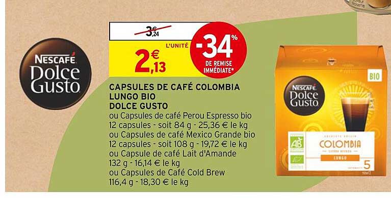 Capsules De Café Colombia Lungo Bio Dolce Gusto