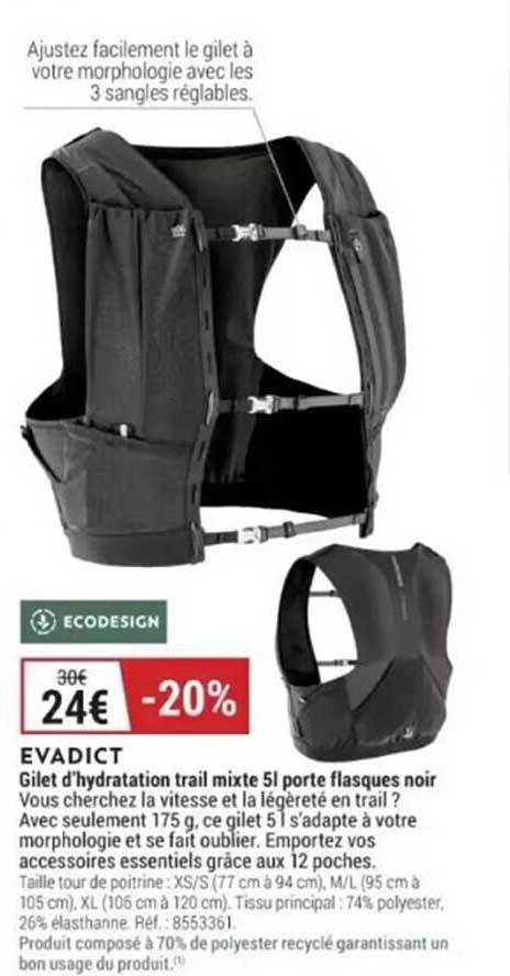 gilet d'hydratation trail mixte 5l porte flasques noir evadict