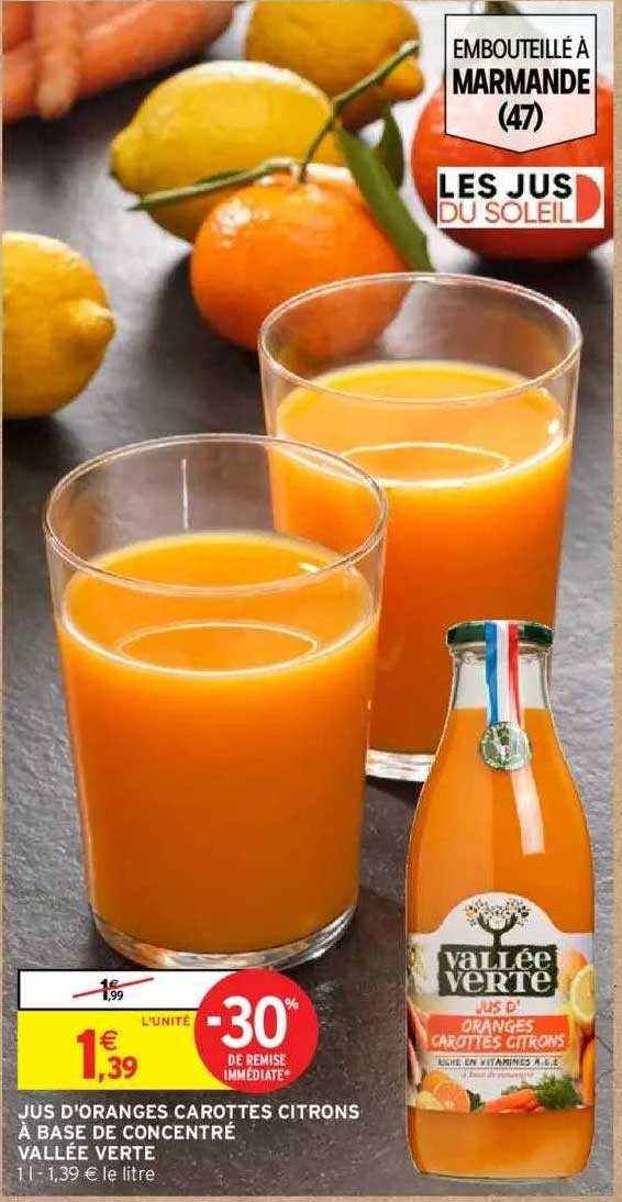 jus d'oranges carottes citrons à base de concentré vallée verte