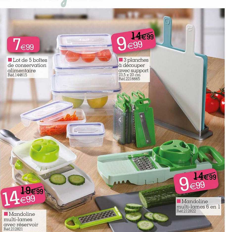 lot de 5 boîtes de conservation alimentaire, 3 planches à découper avec support, mandoline multi-lames avec réservoir, mandoline multi-lames 6 en 1