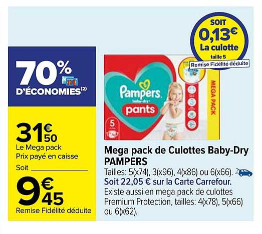 méga pack de culottes baby-dry pampers