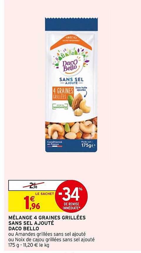 mélange 4 graines grillées sans sel ajouté daco bello