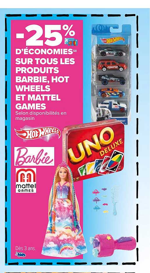 produits barbie, hot wheels et mattel games