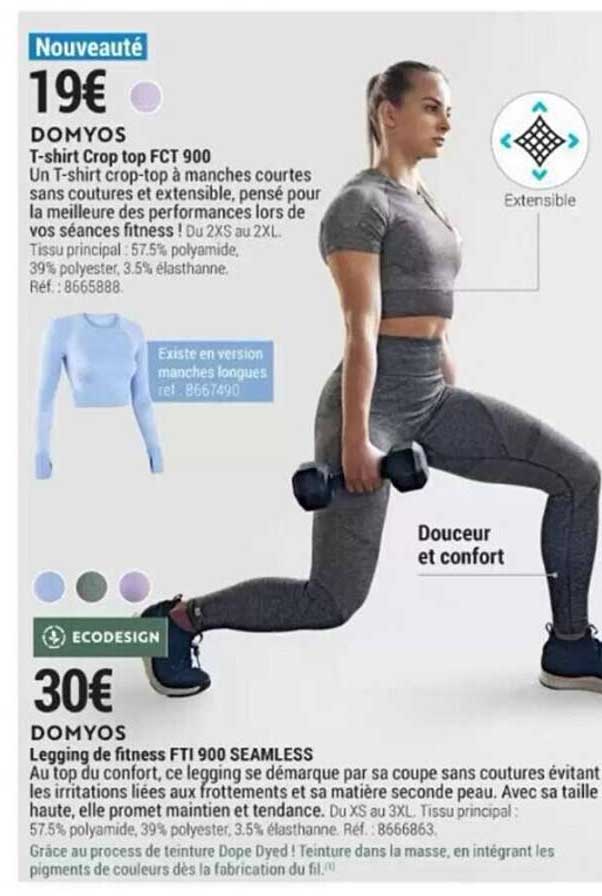 t-shirt crop top fct 900 domyos, legging de fitness fti 900 seamless domyos