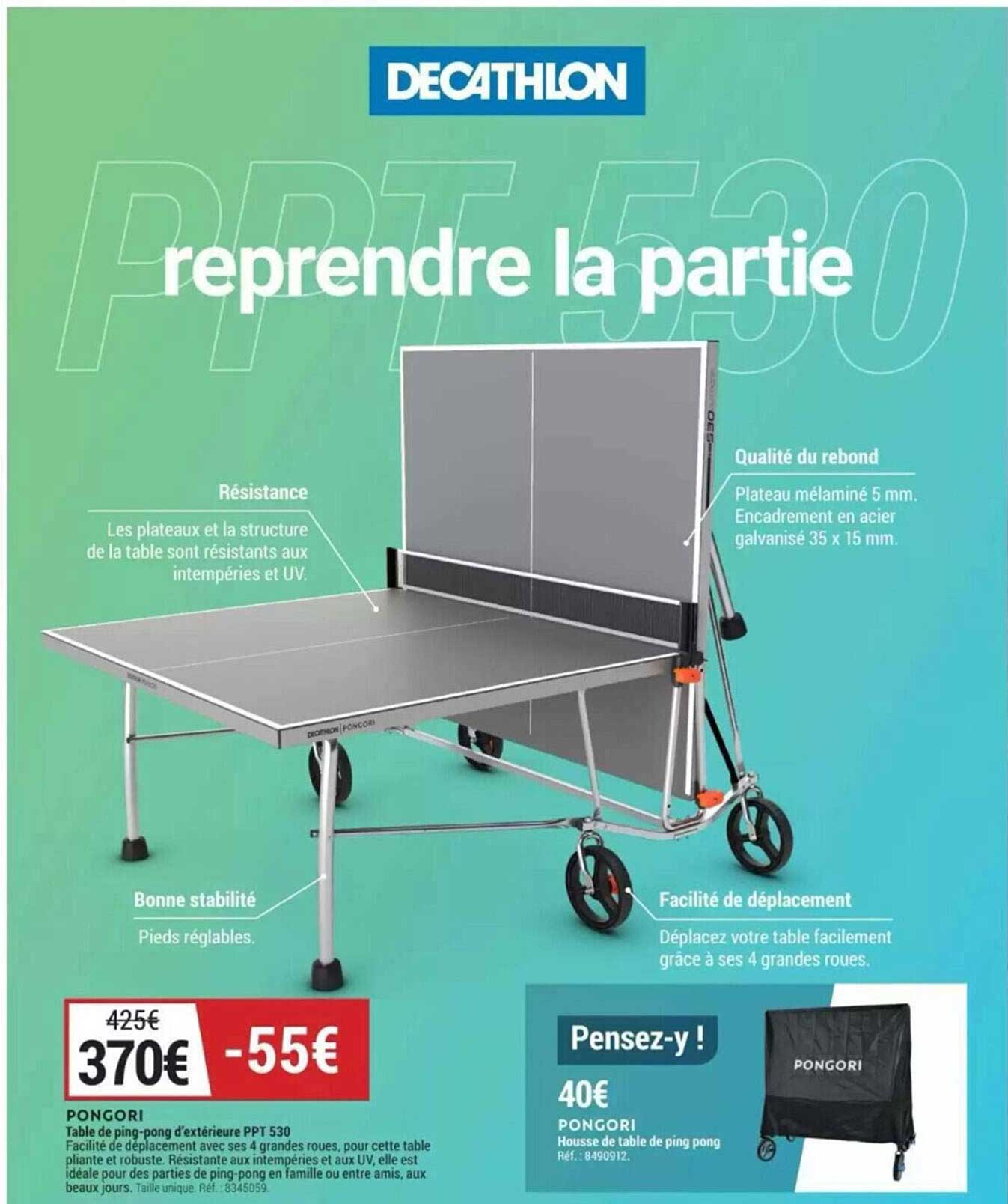 table de ping-pong d'extérieur ppt 350 pongori, housse de table de ping pong pongori