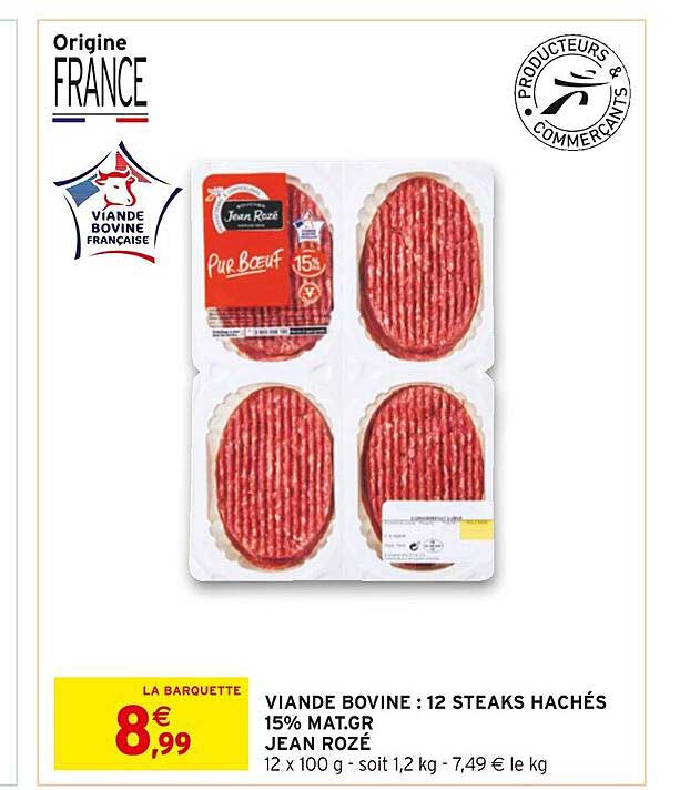 viande bovine : 12 steaks hachés 15% mat. gr. jean rozé