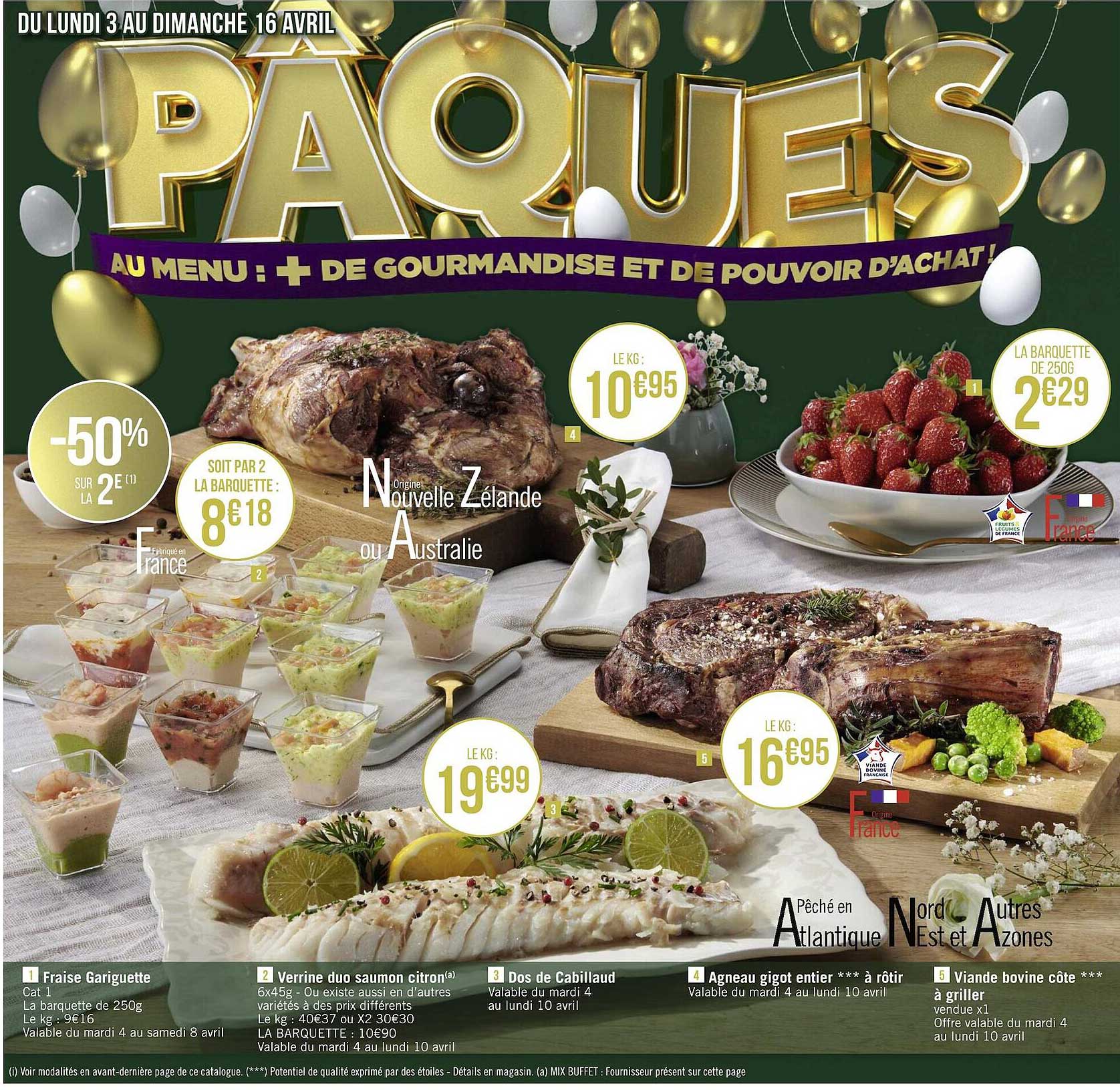 fraise gariguette, verrine duo saumon citron, dos de cabillaud, agneau gigot entier***à rôtir, viande bovine côte***à griller