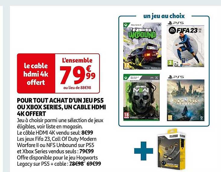 jeu ps5 ou xbox séries, un câble hdmi 4k offert