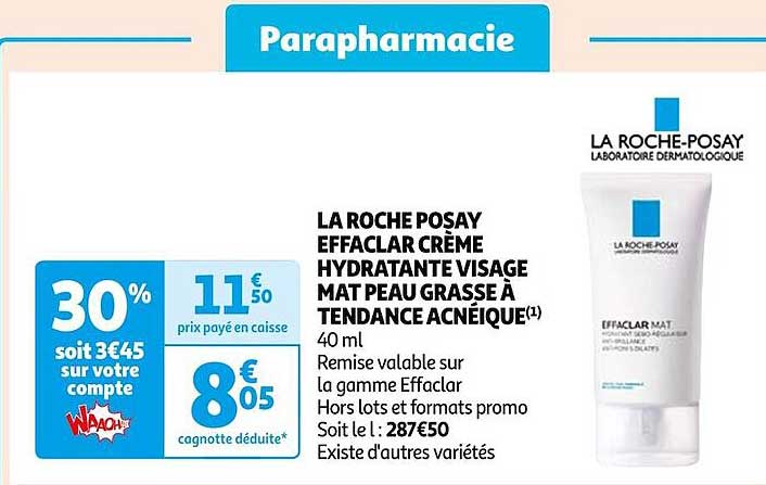 la roche posay effaclar crème hydratante visage mat peau grasse à tendance acnéique