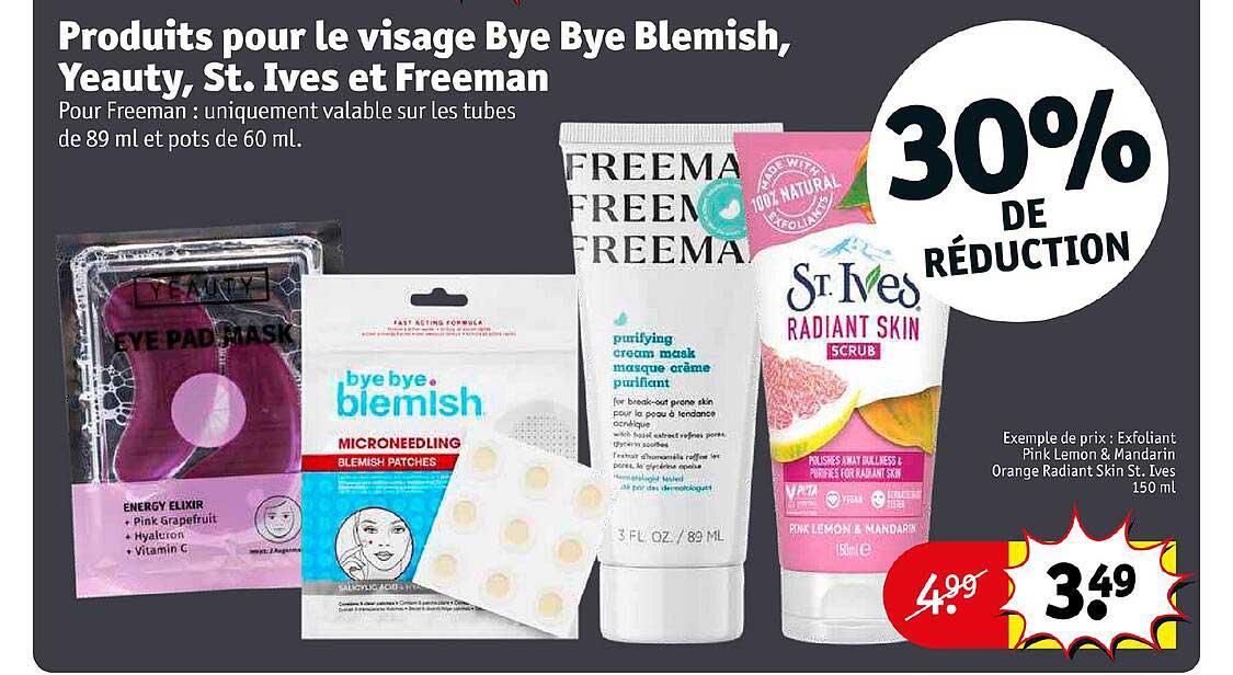 produits pour le visage bye bye blemish, yeauty, st. ives et freeman