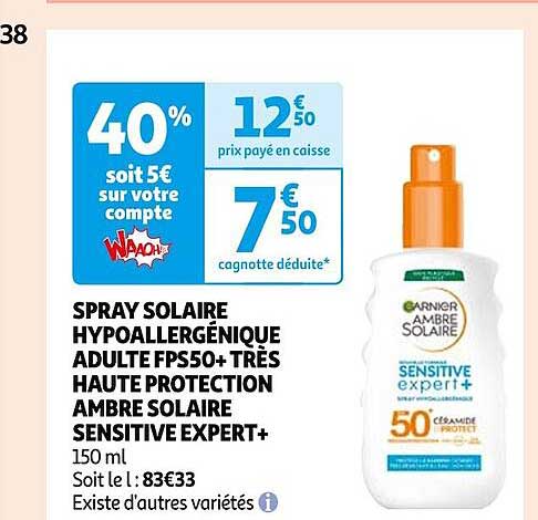 spray solaire hypoallergénique adulte fps50+ très haute protection ambre solaire sensitive expert+