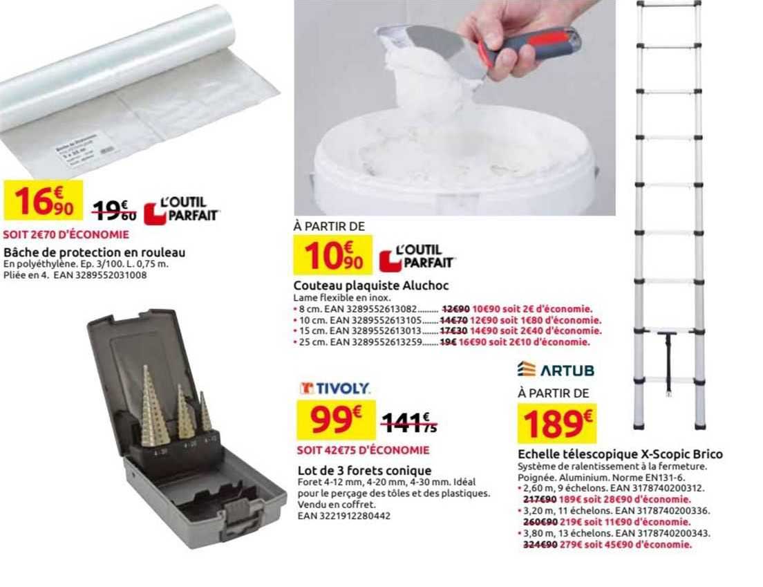 bâche de protection en rouleau, couteau plaquiste aluchoc, lot de 3 forets conique, échelle télesopique x-scopic brico