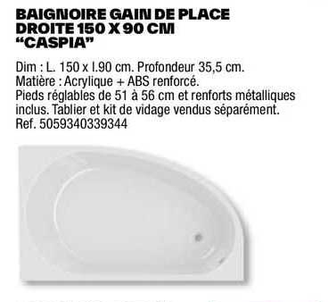 baignoire gain de place droite 150 x 90 cm "caspia"