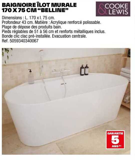 Baignoire îlot Murale 170 X 75 Cm "belline" Cooke Lewis