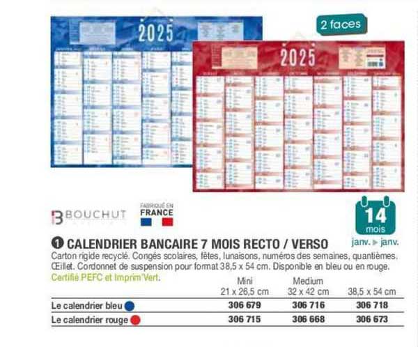 calendrier bancaire 7 mois recto / verso bouchut