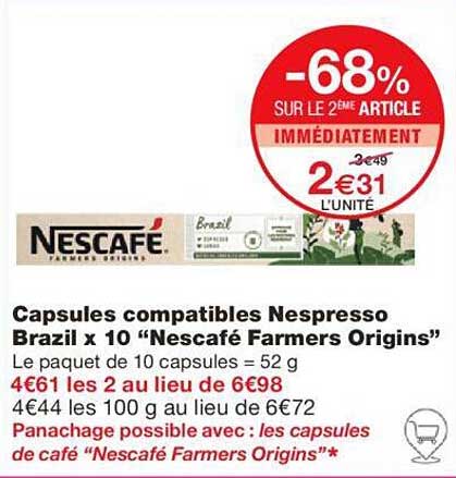 capsules compatibles nespresso brazil x 10 "nescafé farmers origins"