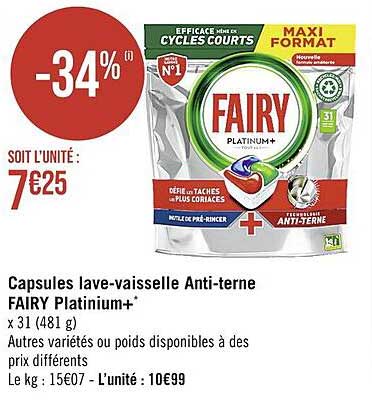 capsules lave-vaisselle anti-terne fairy platinium+