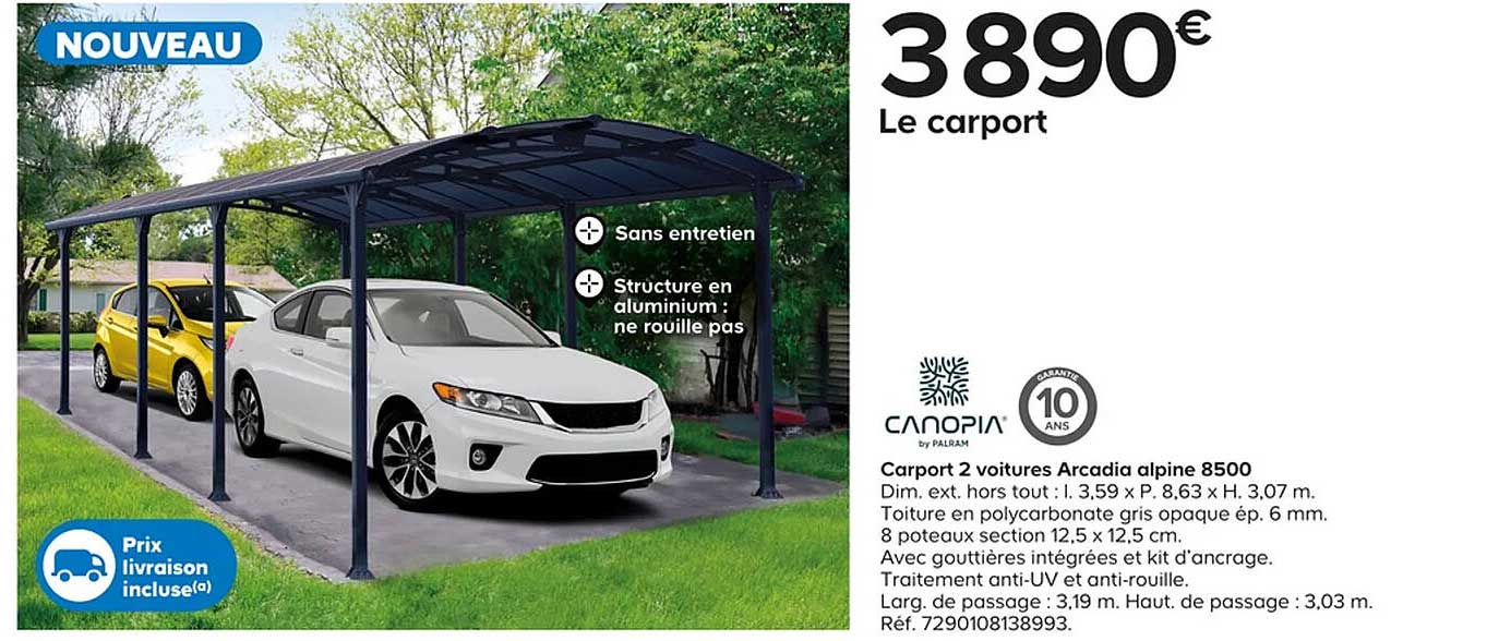 carport 2 voiture arcadia alpine 8500 canopia