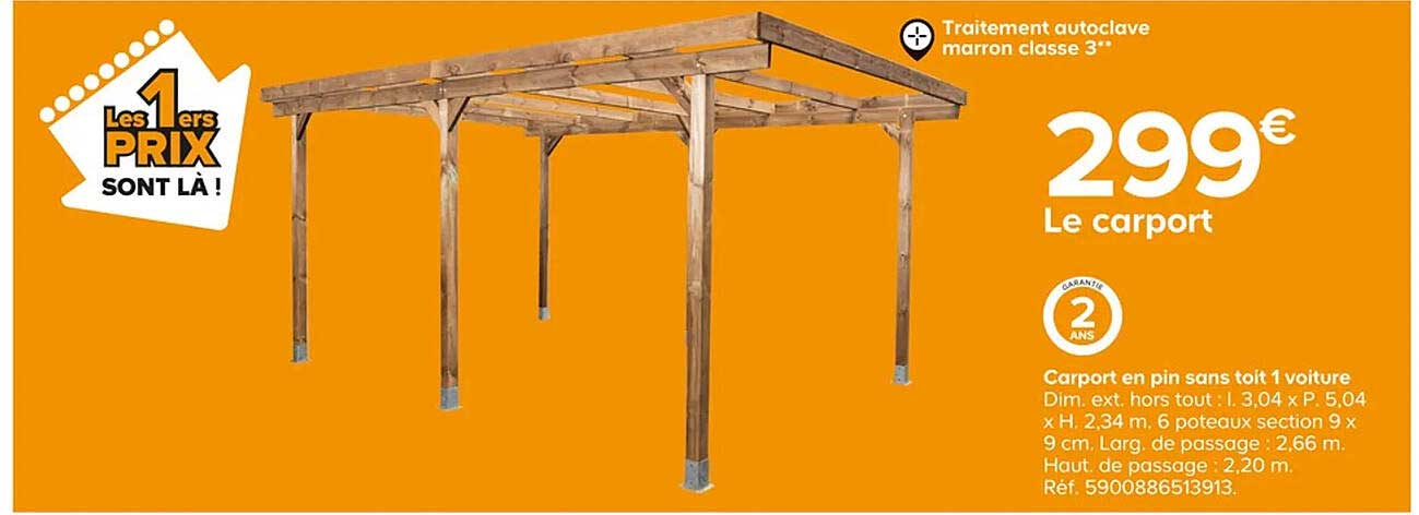 Carport En Pin Sans Toit 1 Voiture