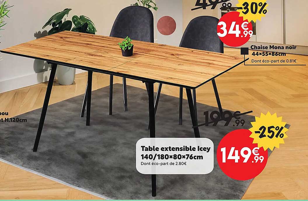 chaise mona noir 44 x 55 x 86 cm, table extensible icey 140/180 x 80 x 76 cm