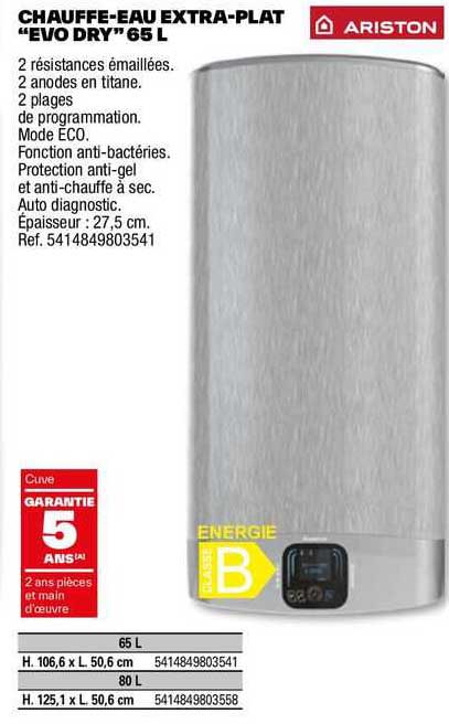 chauffe-eau électrique extra-plat "evo dry" 65 l ariston